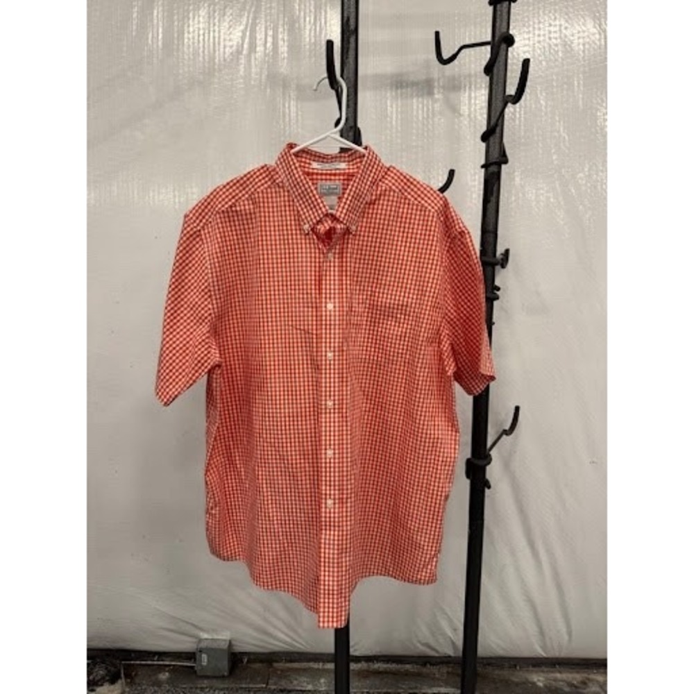 L.L.Bean Wrinkle Resistant Gingham Short Sleeve Shirt - Orange/White - XL